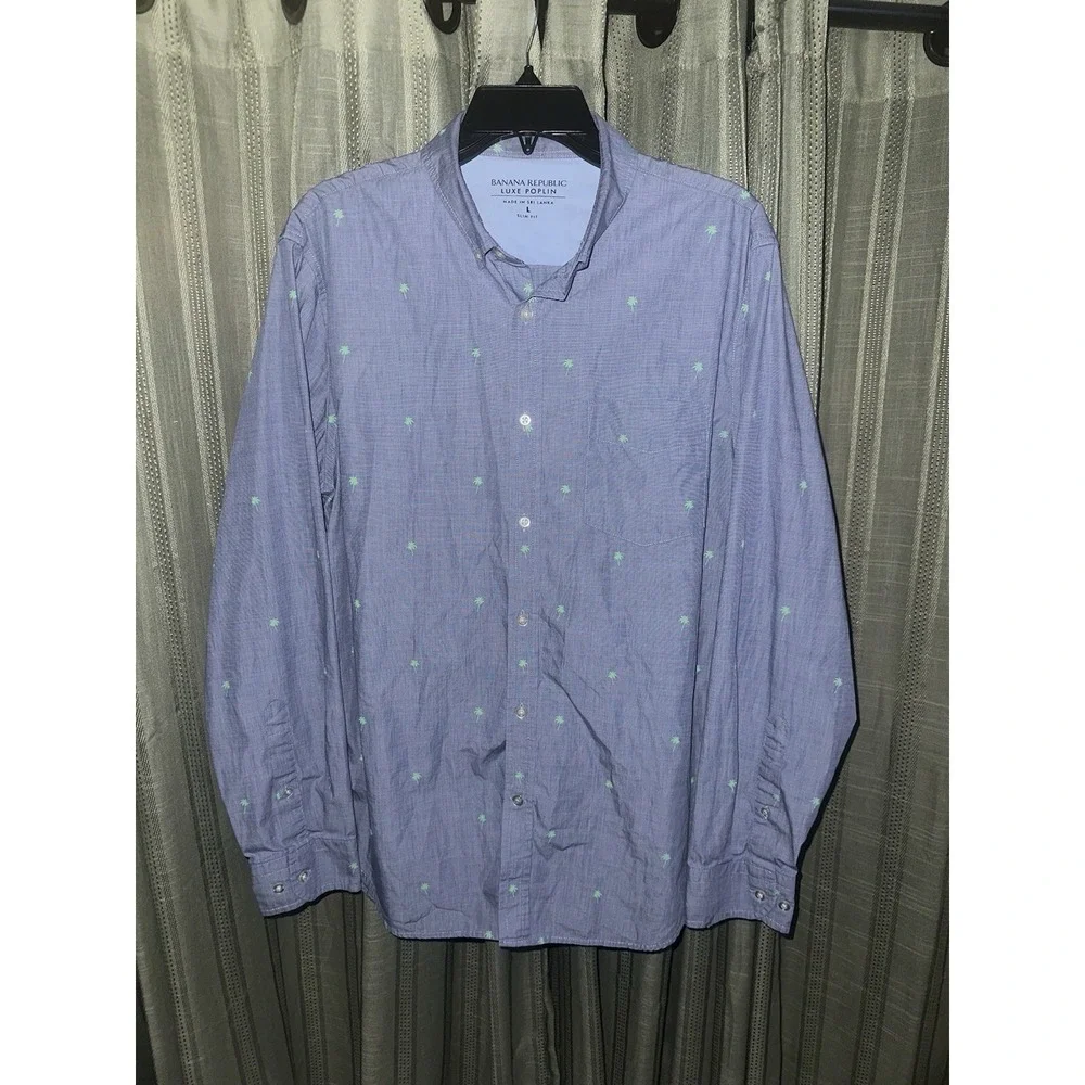 Banana Republic LUXE‎ POPLIN SHIRT Large Palm Tree Preppy Careercore Purple Teal